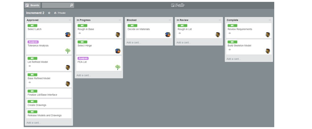 Example of a task board for a mechanical design project on Trello (free tool)