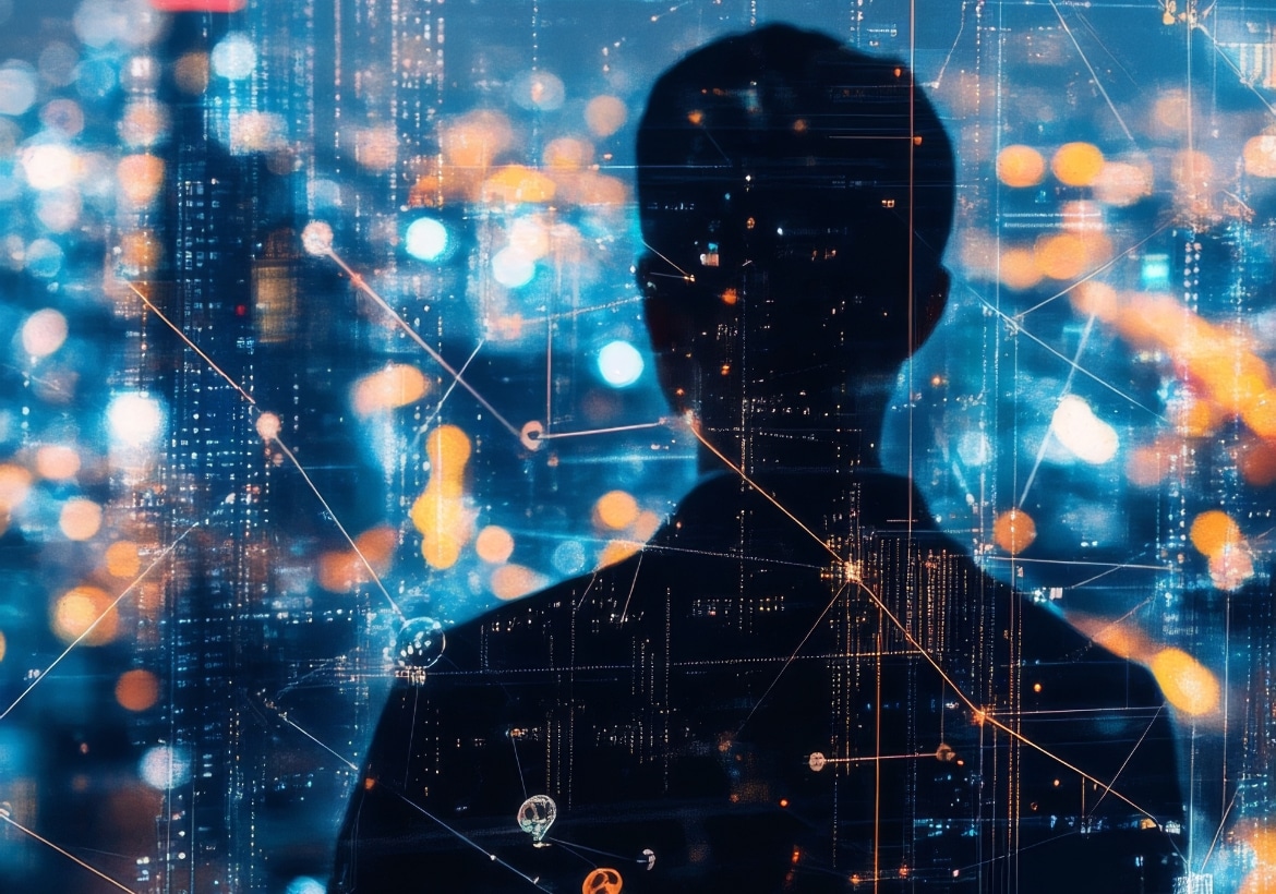 ALTEN - Approche technologique pour l'étude d'architecture : l'image représente un homme debout devant une infrastructure futuriste et connectée pour une transformation digitale réussie.