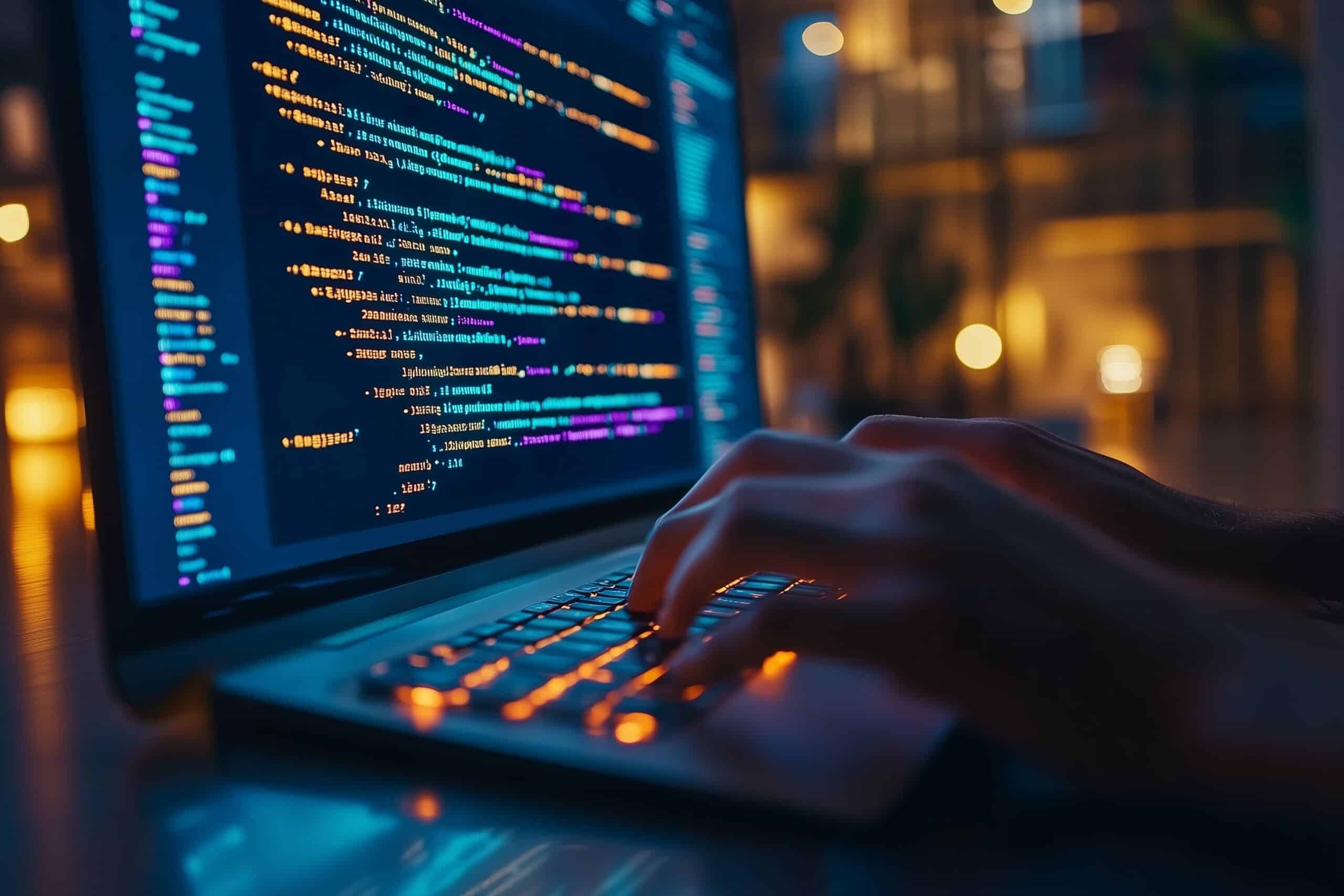 ALTEN - AI for Dev : Développeur utilisant l'intelligence artificielle pour optimiser le développement logiciel. Visualisation d'un écran de code avec des suggestions automatisées pour améliorer la productivité et la qualité du code