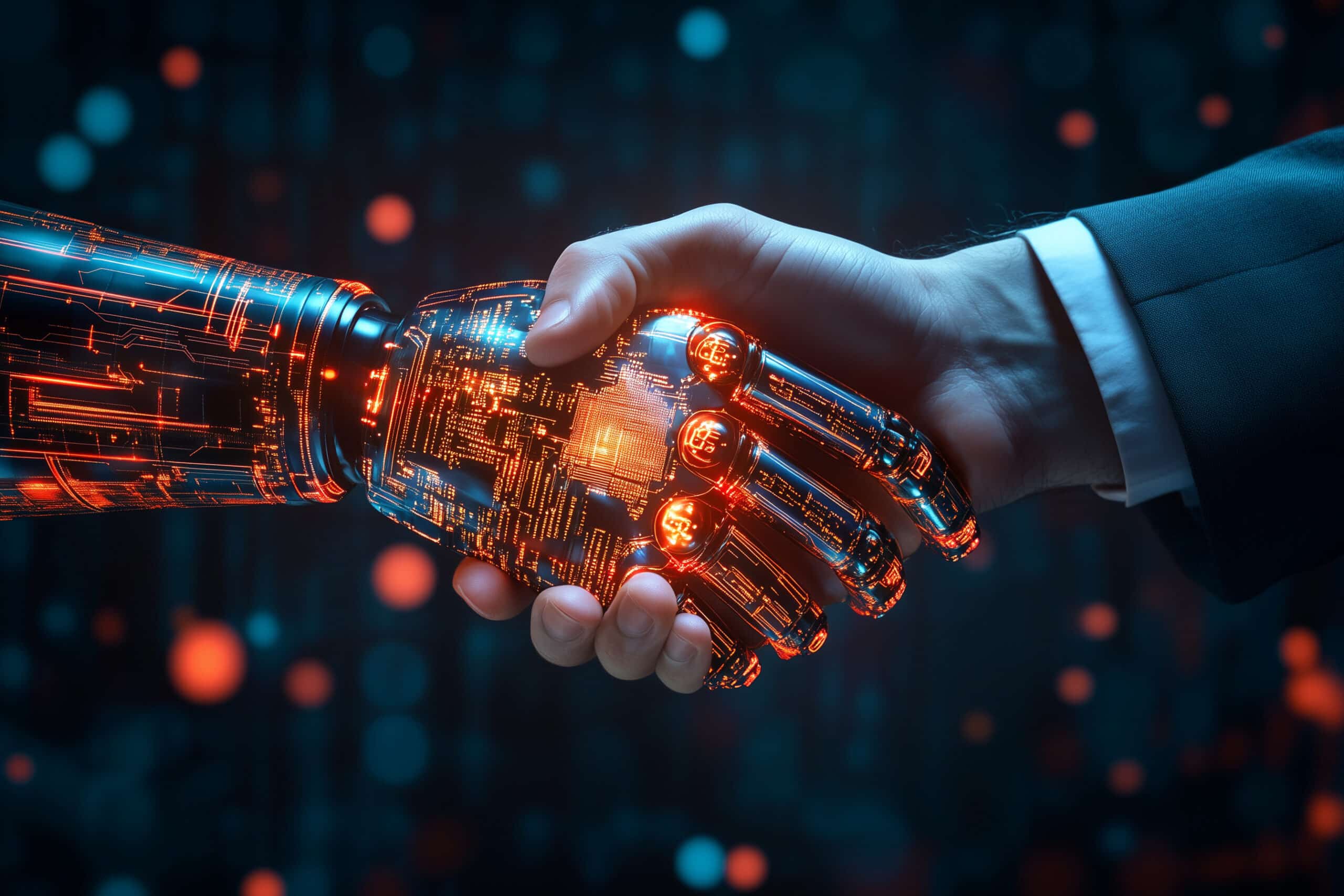 AI for Dev : Collaboration entre l'humain et l'intelligence artificielle pour un développement logiciel optimisé. Visualisation d'une main humaine serrant une main robotique, symbolisant l'alliance entre expertise humaine et outils IA pour une productivité et une innovation accrues.