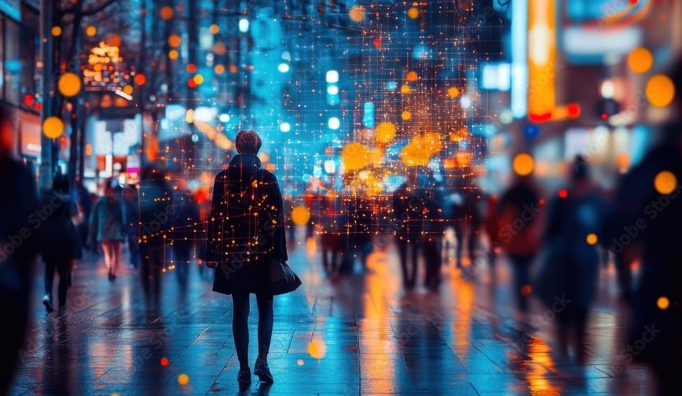 L'image représente une vision futuriste et connectée et se compose d'une rue illuminée avec des éléments technologiques superposés.