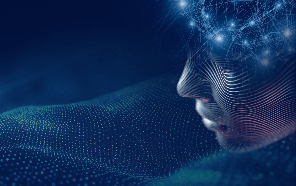 Image représentant un visage humanoïde, symbolisant l'alliance de l'humain et de la technologie, soit l'ingénierie augmentée.