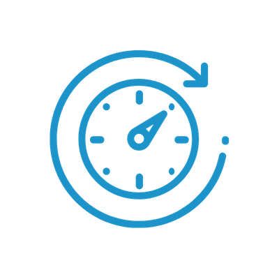 AI for Manufacturing - A pictogram depicting a clock with hands moving forward to illustrate reduced downtime.