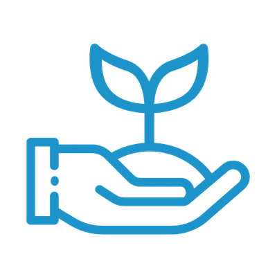 Pictogramme représentant une main portant une plante pour représenter les bénéfices Green engendrés par l'offre d'ALTEN, Digital Twin for Smart Factory