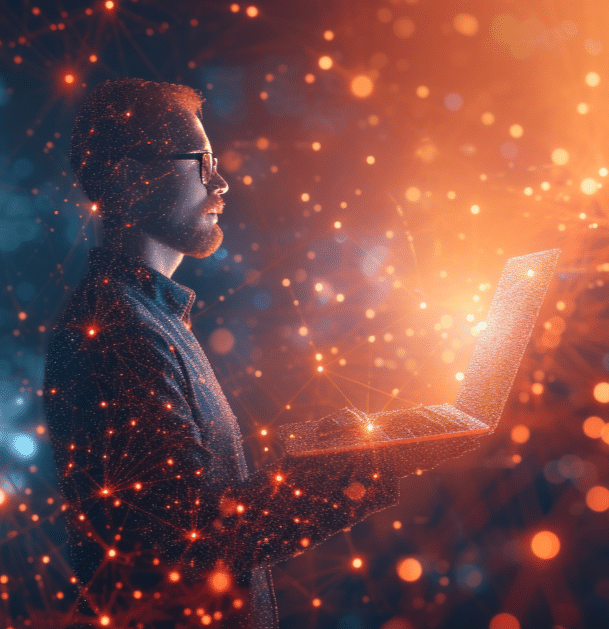 Smart IT Modernization - Image représentant un homme portant un ordinateur dont s'échappent des points et flux lumineux. Cette image illustre les outils, processus et collaborateurs augmentés par l'IA.